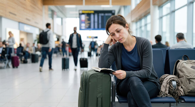 Tired woman reading a book at airport terminal. Traveler suffering from jet lag. Long haul flight fatigue concept