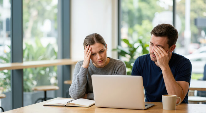 Stressed couple looking at laptop in cafe. Frustrated travelers having booking issues