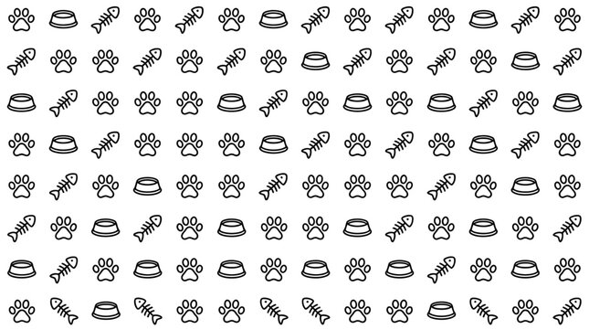 Seamless pattern with cute pet icons featuring paw prints fish bones and food bowls.