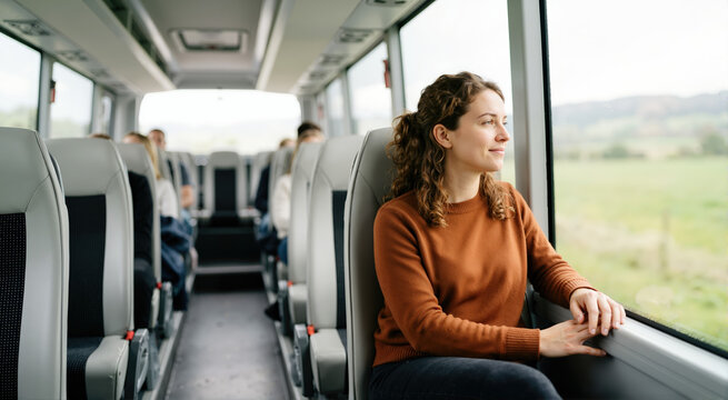 Woman looking out bus window during travel. Happy passenger on a road trip