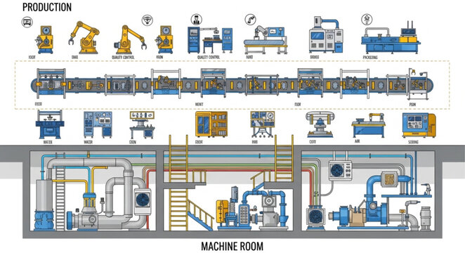 Industrial production line and machine room schematic illustration.