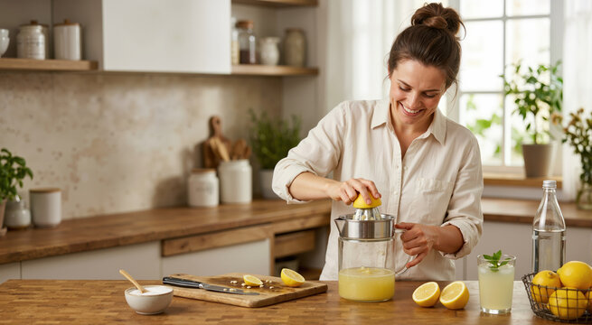 Woman making fresh lemonade with a hand juicer in kitchen. Healthy summer drink preparation. Home cooking concept
