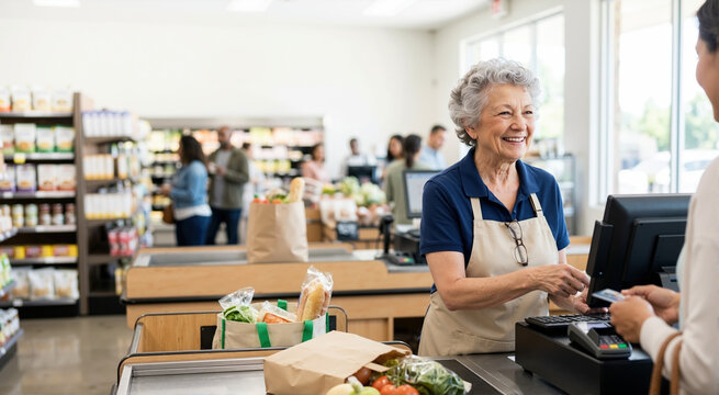 Cheerful elderly female cashier working at a grocery store checkout. Senior woman in an apron smiling while serving a customer in a supermarket. Active seniors in the workforce