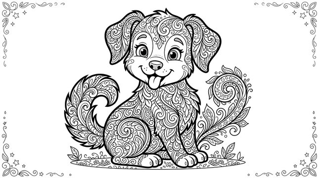 Cute puppy coloring page with intricate mandala patterns for kids and adults