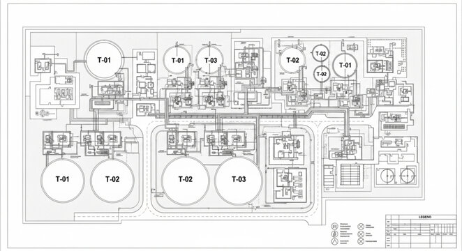 Industrial plant schematic diagram with tanks and pipelines.