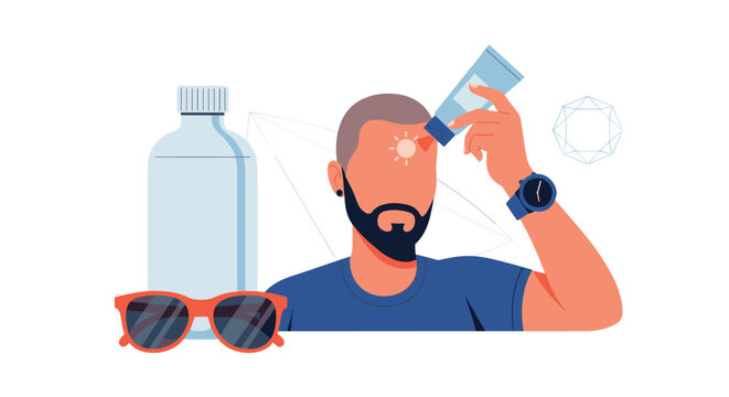 A bearded man applies protective sunscreen from a tube to his forehead while a water bottle and sunglasses sit nearby in this bright summer skincare scene.
