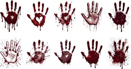 Fototapeta premium Bloody Handprint Horror Illustration Collection Featuring Red Blood Splatter Palm Prints for Halloween Crime Thriller and Scary Background Designs