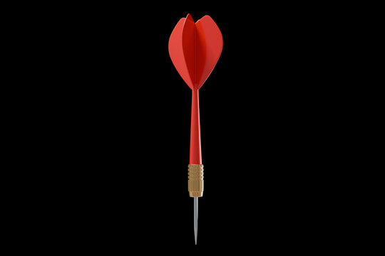 ingle red dart with a brass barrel and sharp metal tip, pointing down. Minimalist composition isolated on a solid black background, symbolizing focus, precision, and purpose
