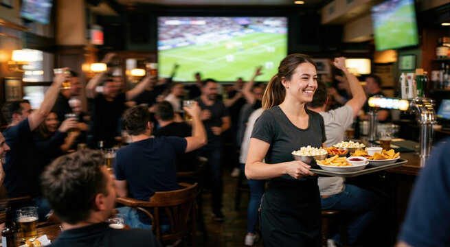 Smiling waitress serving snacks in a crowded sports bar. Happy patrons watching soccer match on TV