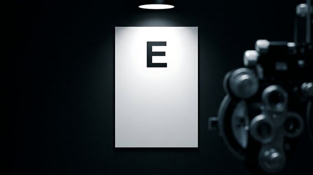 Eye exam chart with letter e and phoropter in clinic