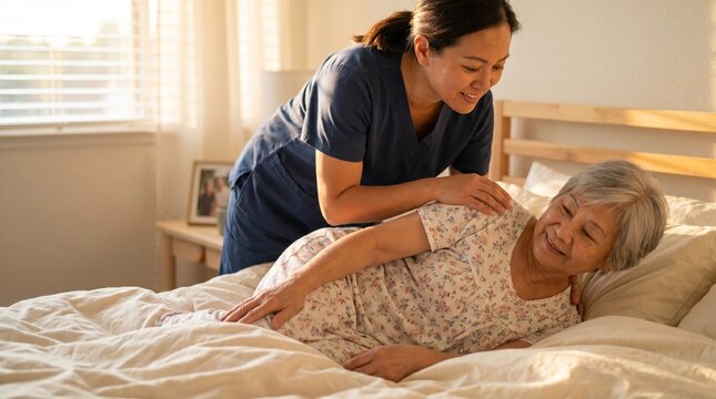 Nurse Repositioning Elderly Patient for Pressure Ulcer Prevention
