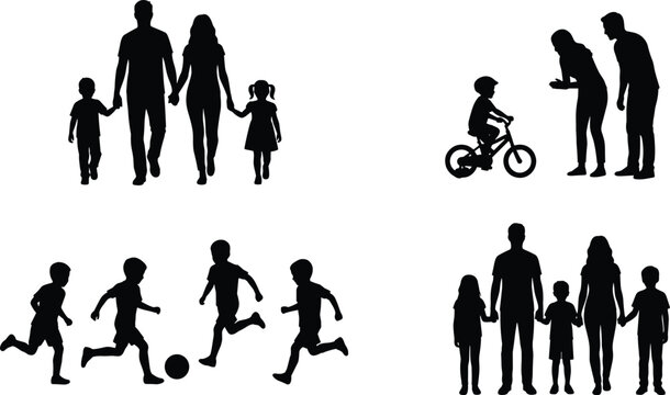 Happy Family Silhouettes Set with Parents Walking Children Playing Soccer and Kid Riding Bicycle Vector Illustration