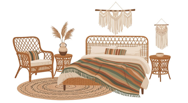 Woven Rattan Bed Furniture Set Interior.