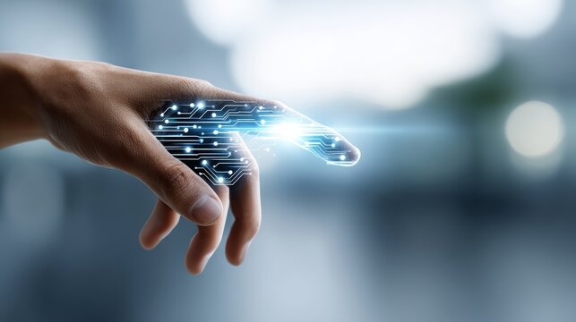 Human hand with integrated digital circuit board elements symbolizing the fusion of technology and biology. Futuristic concept of artificial intelligence and human machine interaction