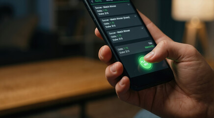 Plakat Hand holding smartphone with betting app. Placing a bet on soccer match odds. Gambling technology concept