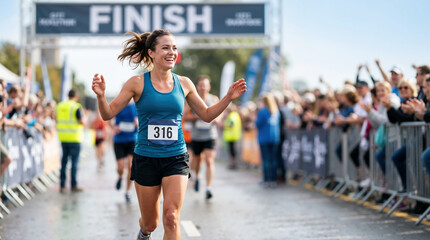 Obraz premium Smiling female marathon runner crossing the finish line. Happy woman celebrating victory in a road race. Athletic achievement and fitness concept
