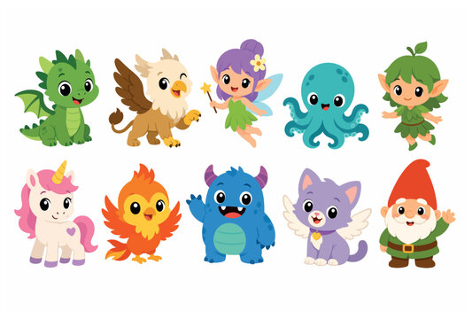 Colorful fantasy cartoon creatures.