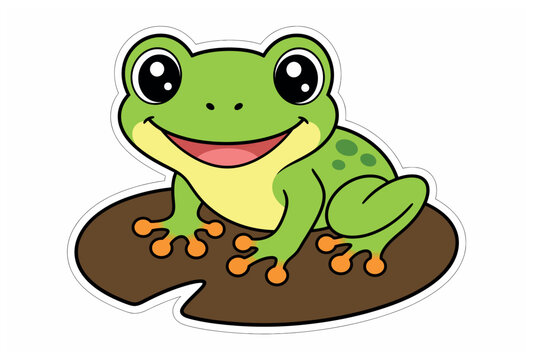 Smiling green cartoon frog sitting.