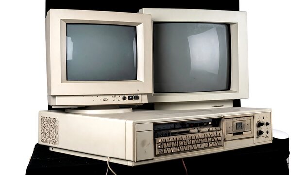 Old-fashioned computer setup, featuring a large system box, two boxy monitors, and a prominent keyboard