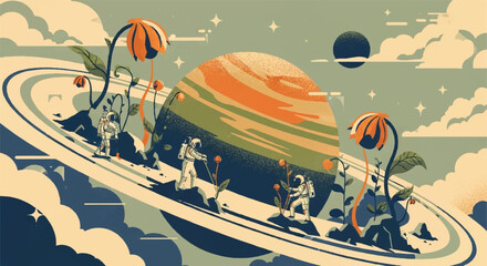 Astronauts exploring alien planet floral landscape artistic illustration © monkey