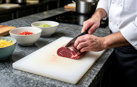 Rabo de Toro prepared with careful slicing of ingredients, showcasing chef's skill in modern kitchen. Concept of oxtail braised with wine vegetables herbs for exquisite dish.