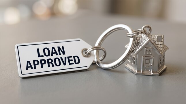 Keychain with house-shaped key and tag reading loan approved on a gray surface, symbolizing home financing and mortgage approval process