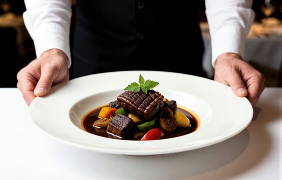 Rabo de Toro served in white bowl on countertop, featuring tender oxtail braised with wine, accompanied by fresh vegetables. Concept of gourmet cooking and culinary art.
