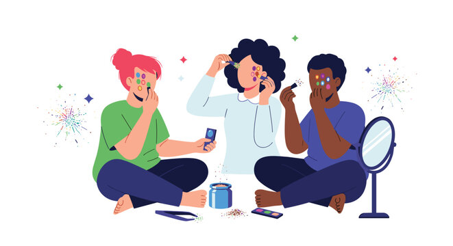 Three diverse individuals apply colorful face paint and makeup in front of a mirror with festive firework patterns in a creative and joyful celebration setting.
