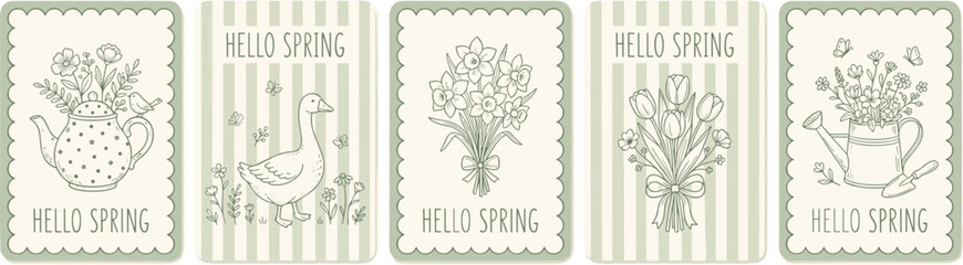 Hello Spring greeting card collection with floral teapot goose daffodils tulips and watering can botanical line art creative design illustration © Sammi