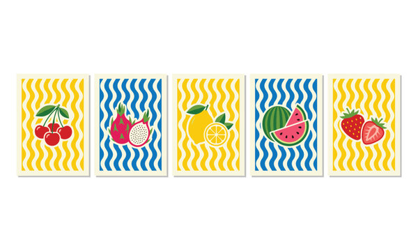 Colorful fruit illustration collection with cherries dragon fruit lemons watermelons and strawberries on wavy striped backgrounds creative design artwork