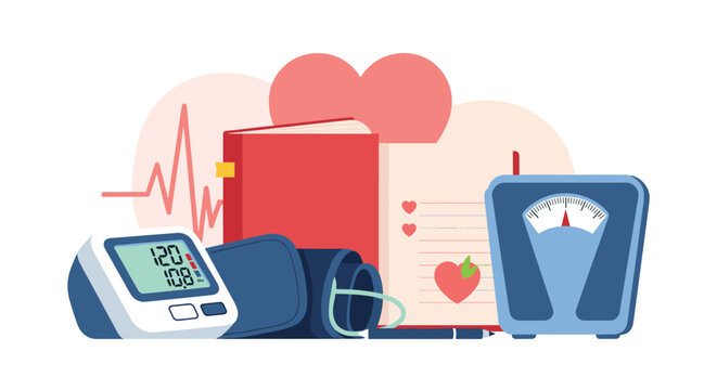 Digital blood pressure monitor and weighing scale with a red journal and heart icon, representing a comprehensive health monitoring concept for cardiovascular fitness checkups.