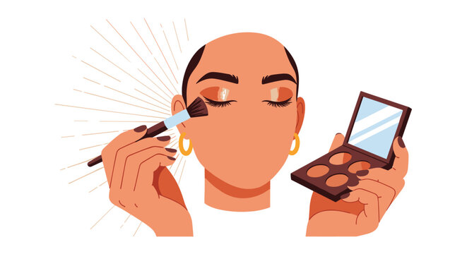 Woman with short dark hair and gold earrings applies shimmering eyeshadow with a brush while holding an open makeup palette in a bright setting.