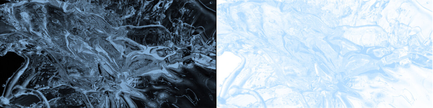 Abstract liquid water flow with splashing droplets and blue tint isolated on transparent background digital art.