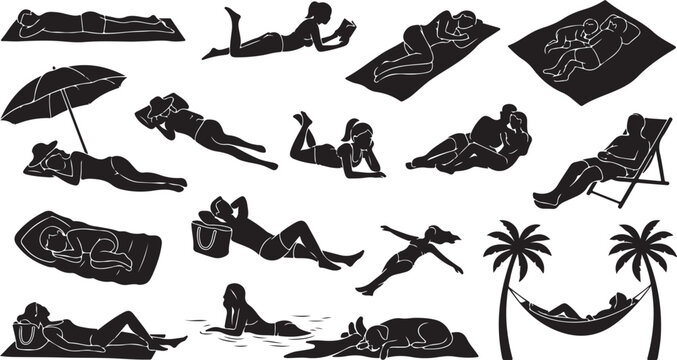 Beach Tanning and Sunbed Relaxation Silhouettes, People Sunbathing on Summer Holiday