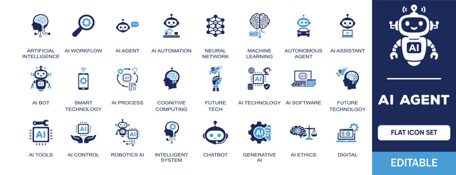 AI Agent editable solid icon set. Containing ai assistant, machine learning, workflow, neural networks, automation, chat bots, ai ethics, digital technology and more vector icons collections.
