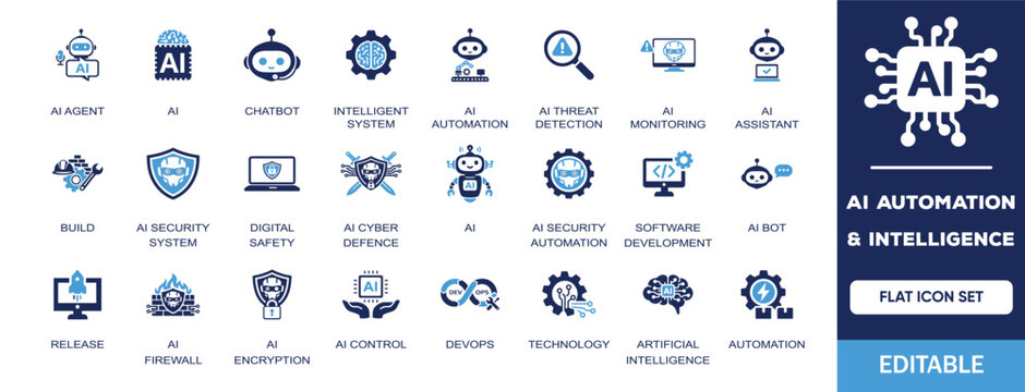 AI Automation & Intelligence editable solid icon set. Containing ai agent, chatbot, automation, assistant, monitoring, technology, artificial intelligence, security and more vector icons collection.

