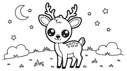 Fototapeta premium Cute black and white line drawing of a charming fawn. Adorable baby deer with antlers under a crescent moon and twinkling stars, perfect for kids' coloring projects