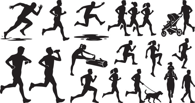 Running and Jogging Fitness Silhouettes, Marathon Runners and Athletes Training Outdoors