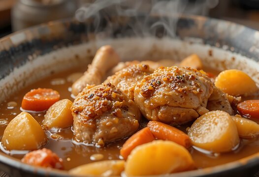 Delicious homemade beef stew with carrots and potatoes in a hot pan for a healthy dinner meal. estofado pollo