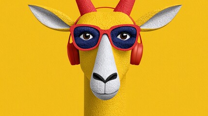 Fototapeta premium Cool goat in glasses and headphones on a bright yellow background
