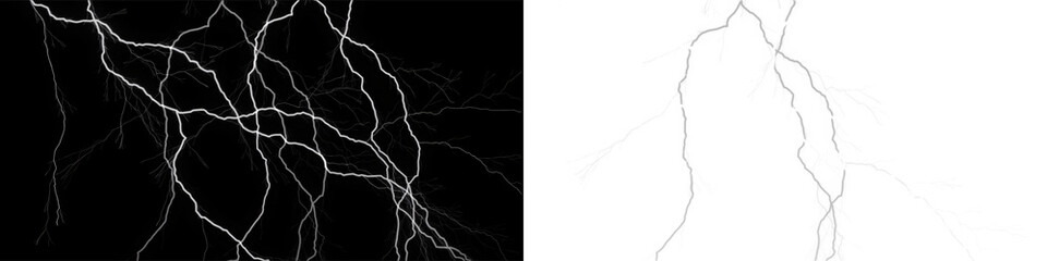 Dramatic lightning bolts striking across night sky with transparent background for storm and electricity themes. © MatStudio