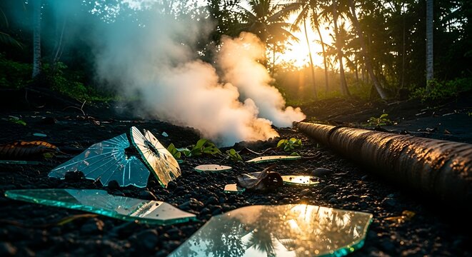 Broken glass shards on volcanic black sand with smoke and palm trees