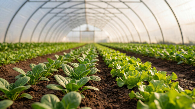 Rows of vibrant, fresh spinach and lettuce growing neatly in an organic greenhouse, symbolizing sustainable agriculture