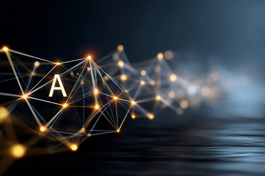 Abstract digital network with glowing connections and floating letter A, representing artificial intelligence and data flow. Futuristic technology background with depth of field