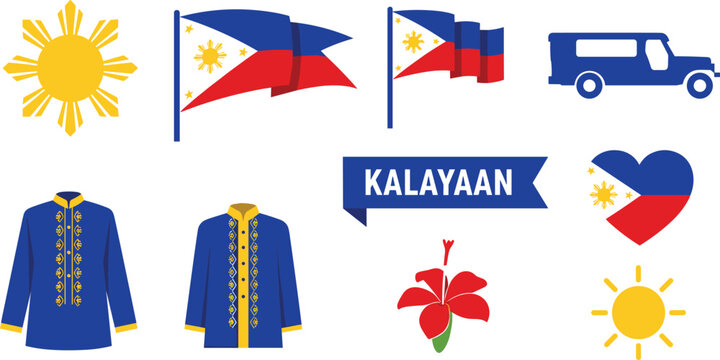 Vector Icon Set of Philippine Symbols Including Sun, Flags, Jeepney, Traditional Shirts, Heart with Flag, Flower, and Kalayaan Banner on White Background
