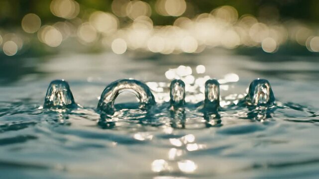 Captivating droplets of liquid artistry gracefully emerge from a shimmering watery surface, reflecting ethereal bokeh lights that create a serene and dynamic visual impression of fluid motion