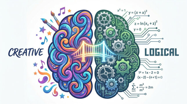 Creative and Logical Brain Hemispheres Connected by Bridge.