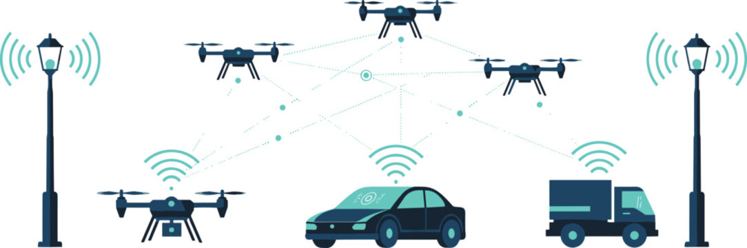 Vector illustration of smart transportation system with autonomous vehicles, drones, wireless communication, and connected infrastructure