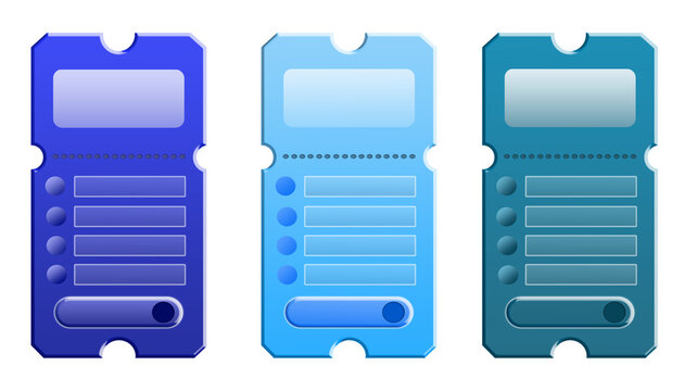 Set of 3 Blue Ticket Shape Pricing Card Templates with Rounded Corner Cutouts, Futuristic Coupon Style UI Panels, Glossy Gradient Blue Interface Elements, Vertical Subscription Cards