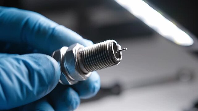 Hand in blue glove holds a worn car spark plug. Detailed view of the electrode shows carbon buildup and wear. Useful for automotive repair guides or maintenance tutorials.